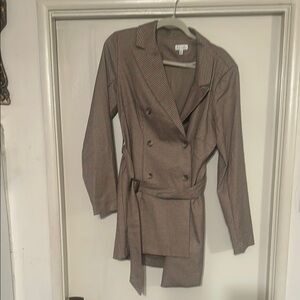 Leith Brown Double-Breasted Blazer with pink striping